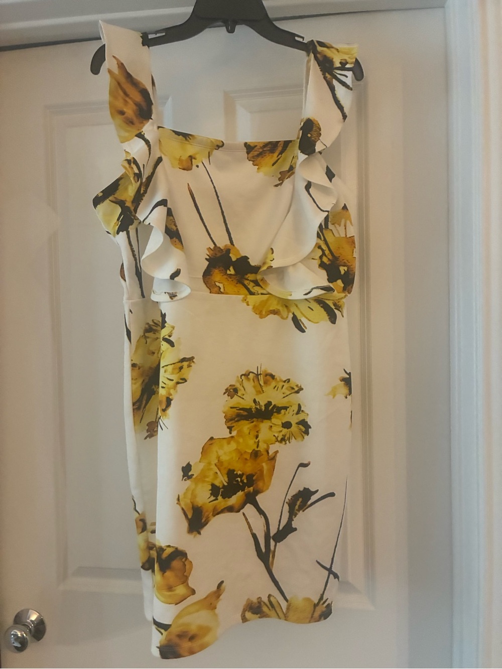 VENUS Cream Midi Dress with Yellow Floral Print and Ruffle Shoulders